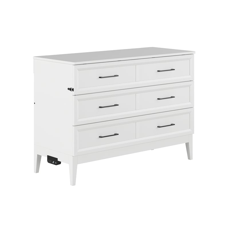 Santa Fe Full Wood Murphy Bed Chest with Mattress & Built-in Charger in White
