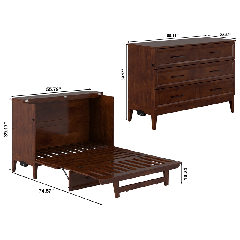 Santa Fe Full Wood Murphy Bed Chest with Mattress & Built-in Charger in Walnut