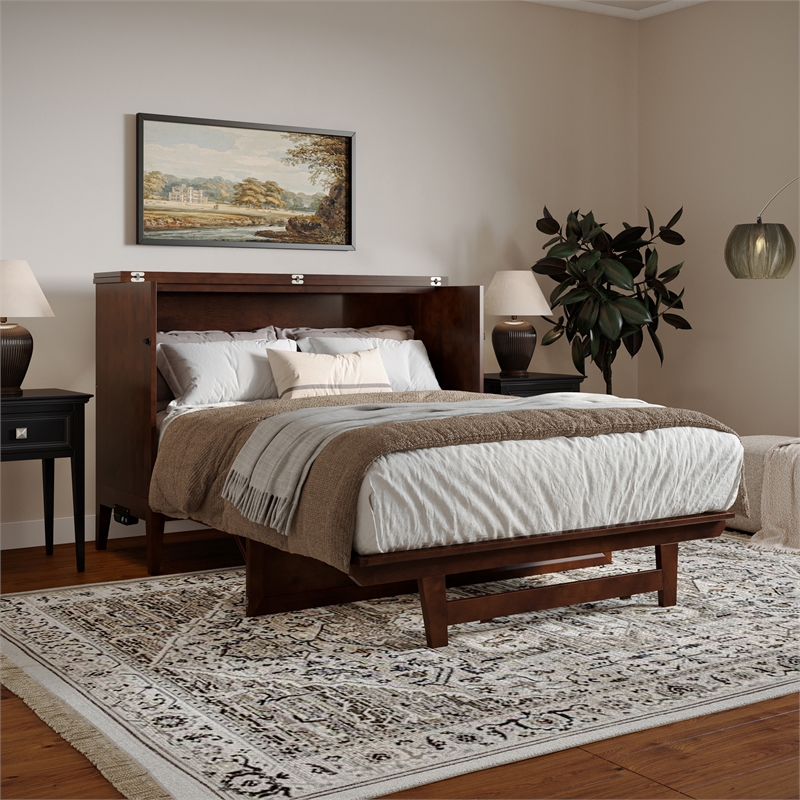 Santa Fe Full Wood Murphy Bed Chest with Mattress & Built-in Charger in Walnut