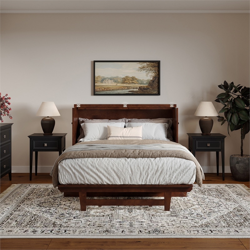 Santa Fe Full Wood Murphy Bed Chest with Mattress & Built-in Charger in Walnut