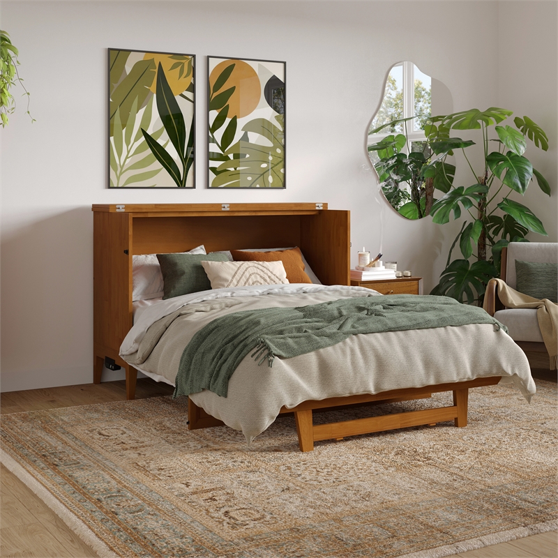 Santa Fe Full Wood Murphy Bed Chest wMattress & Built-in Charger in Light Toffee