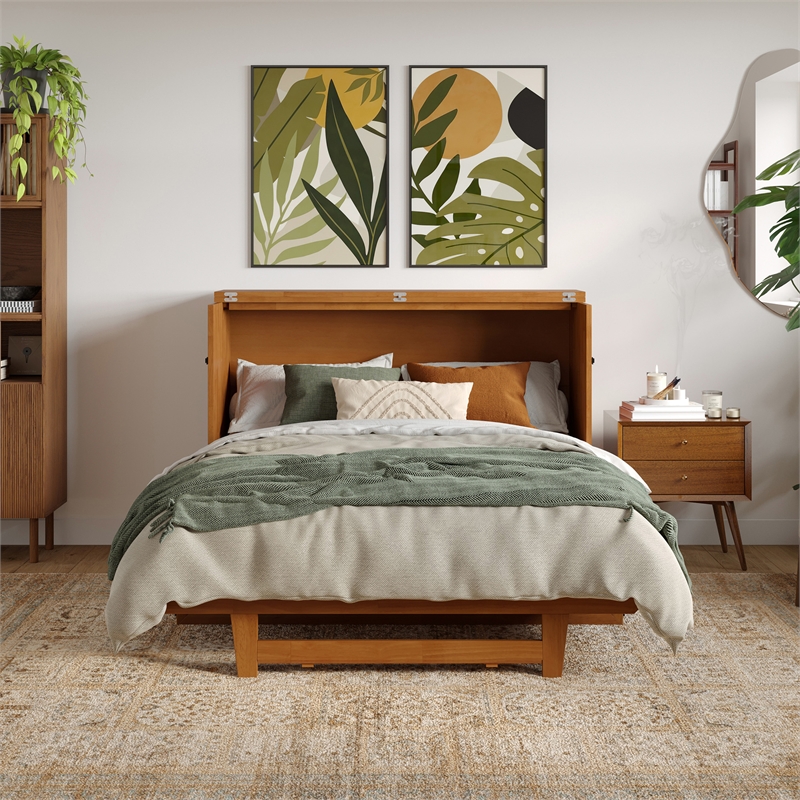 Santa Fe Full Wood Murphy Bed Chest wMattress & Built-in Charger in Light Toffee