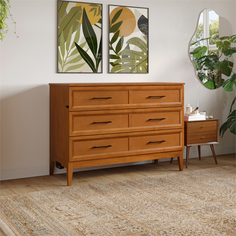 Santa Fe Full Wood Murphy Bed Chest wMattress & Built-in Charger in Light Toffee