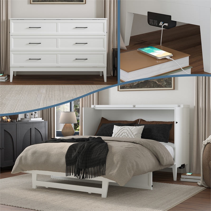 Santa Fe Queen Wood Murphy Bed Chest with Mattress & Built-in Charger in White