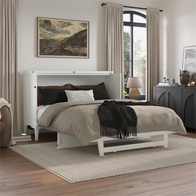 Santa Fe Queen Wood Murphy Bed Chest with Mattress & Built-in Charger in White