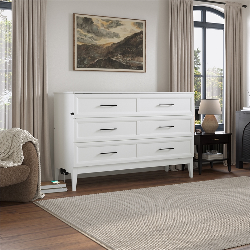 Santa Fe Queen Wood Murphy Bed Chest with Mattress & Built-in Charger in White