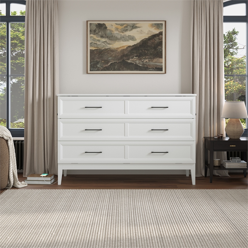 Santa Fe Queen Wood Murphy Bed Chest with Mattress & Built-in Charger in White