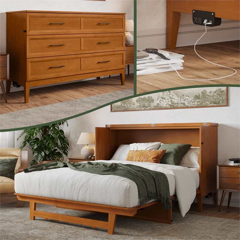 Santa Fe Queen Murphy Bed Chest with Mattress & Built-in Charger in Light Toffee