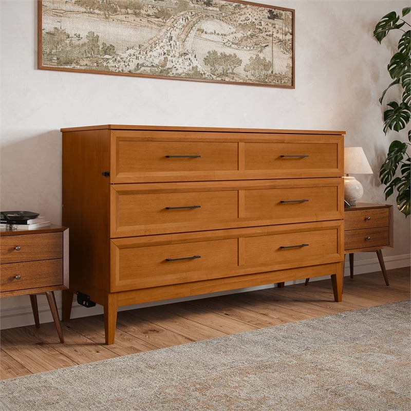Santa Fe Queen Murphy Bed Chest with Mattress & Built-in Charger in Light Toffee