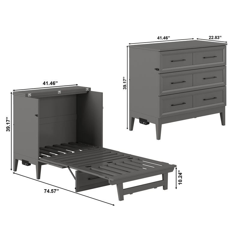 Santa Fe Twin Wood Murphy Bed Chest with Mattress & Built-in Charger in Gray