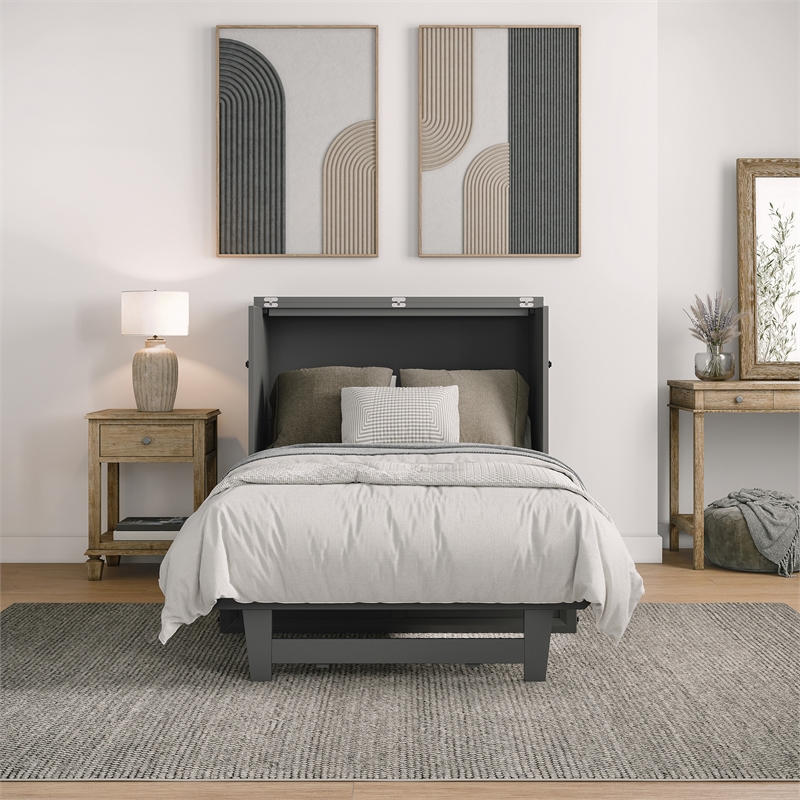 Santa Fe Twin Wood Murphy Bed Chest with Mattress & Built-in Charger in Gray