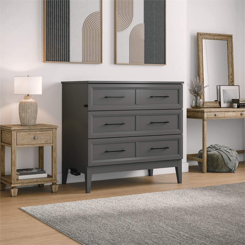 Santa Fe Twin Wood Murphy Bed Chest with Mattress & Built-in Charger in Gray