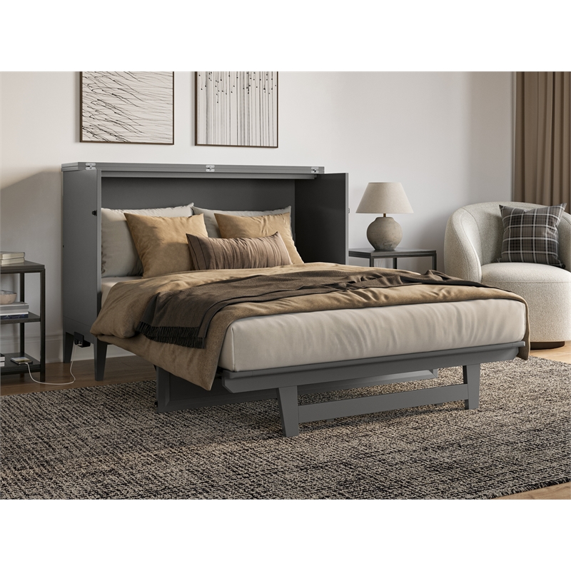 Santa Fe Full Wood Murphy Bed Chest with Mattress & Built-in Charger in Gray