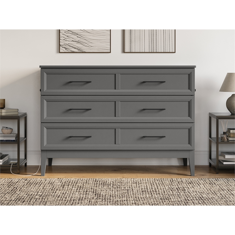 Santa Fe Full Wood Murphy Bed Chest with Mattress & Built-in Charger in Gray