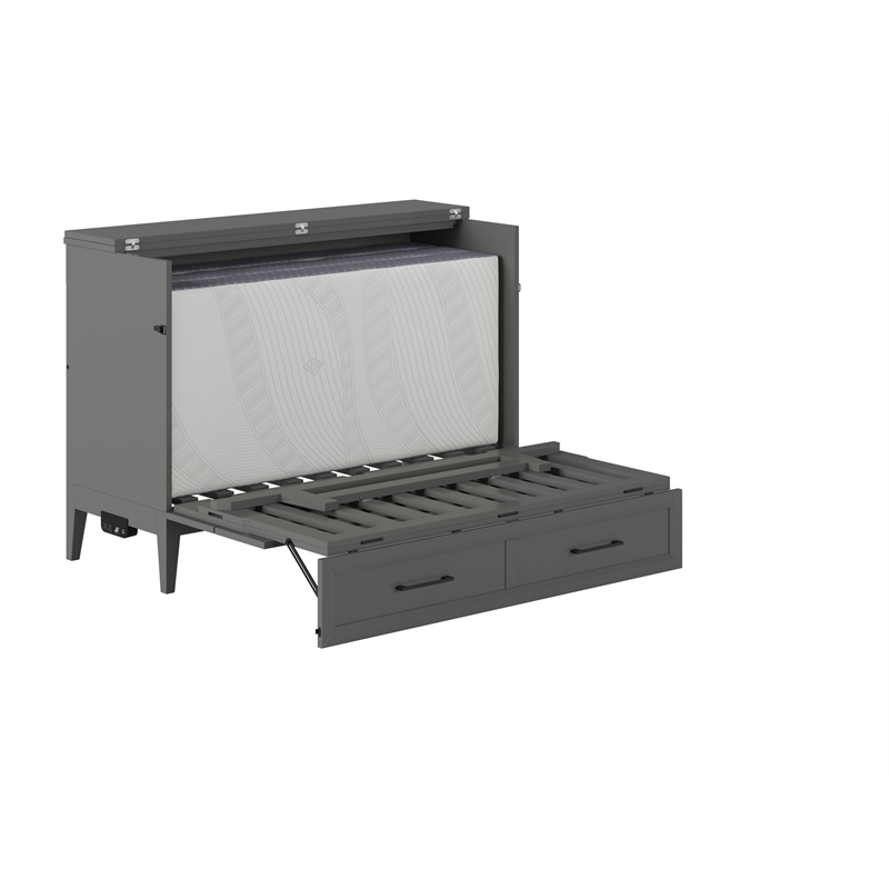 Santa Fe Full Wood Murphy Bed Chest with Mattress & Built-in Charger in Gray