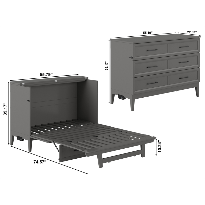 Santa Fe Full Wood Murphy Bed Chest with Mattress & Built-in Charger in Gray