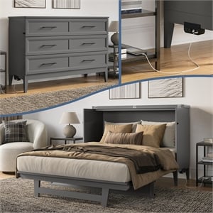 Santa Fe Full Wood Murphy Bed Chest with Mattress & Built-in Charger in Gray