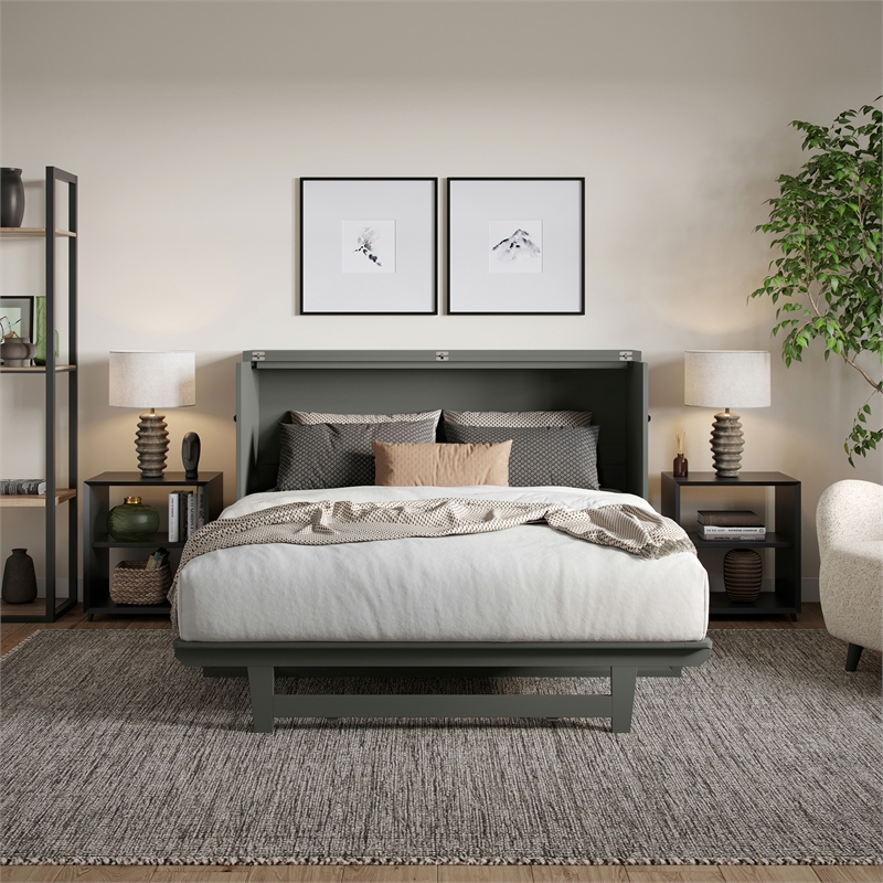 Santa Fe Queen Wood Murphy Bed Chest with Mattress & Built-in Charger in Gray