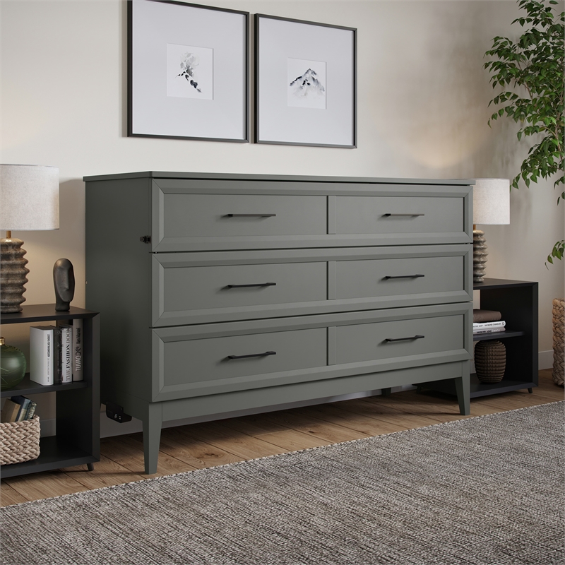 Santa Fe Queen Wood Murphy Bed Chest with Mattress & Built-in Charger in Gray