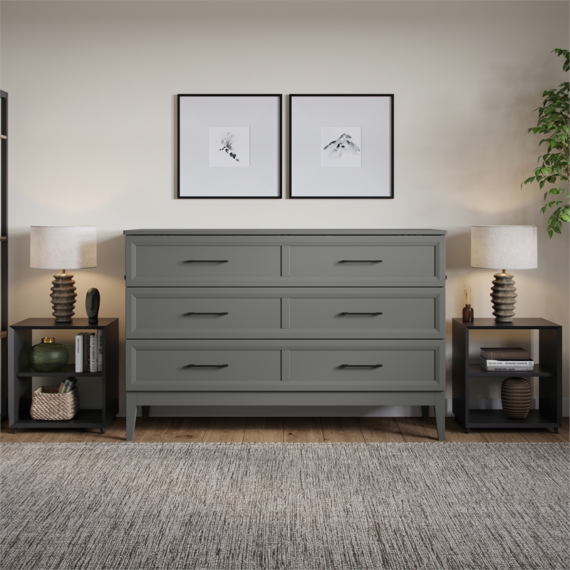 Santa Fe Queen Wood Murphy Bed Chest with Mattress & Built-in Charger in Gray