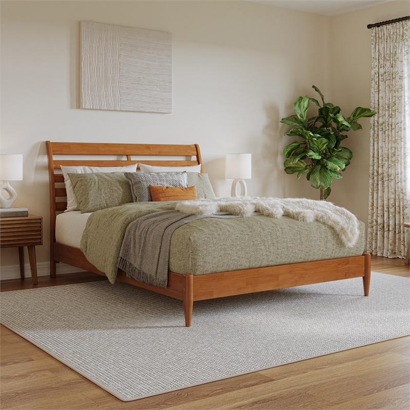 Savannah Queen Wood Low Profile Platform Bed in Light Toffee