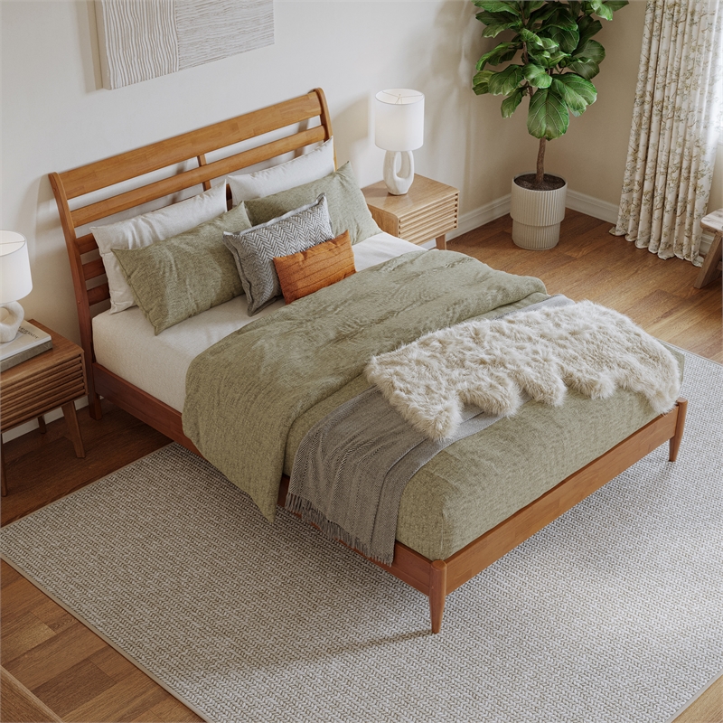 Savannah Queen Wood Low Profile Platform Bed in Light Toffee