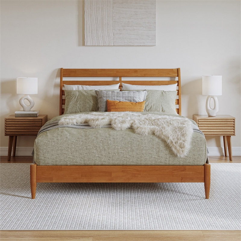 Savannah Queen Wood Low Profile Platform Bed in Light Toffee