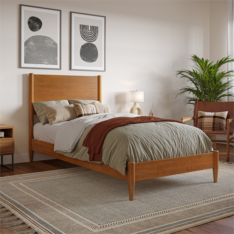 Pasadena Twin XL Wood Low Profile Platform Bed in Light Toffee