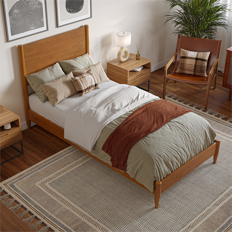 Pasadena Twin XL Wood Low Profile Platform Bed in Light Toffee
