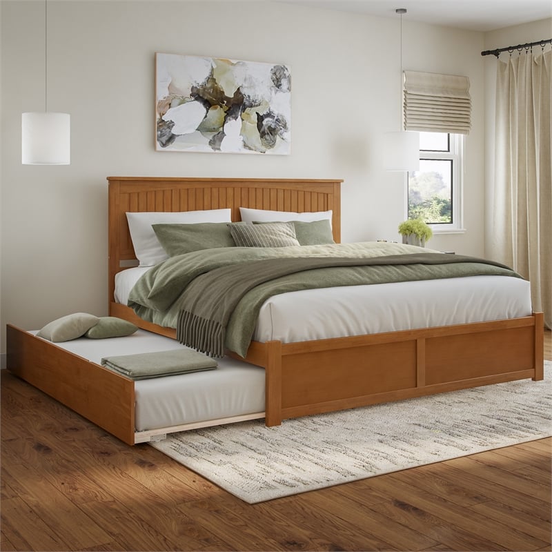 Nantucket King Wood Platform Bed with Footboard and TXL Trundle in Light Toffee