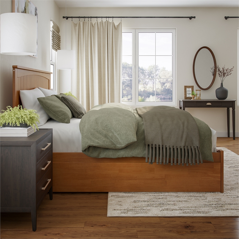 Nantucket King Wood Platform Bed with Footboard and TXL Trundle in Light Toffee