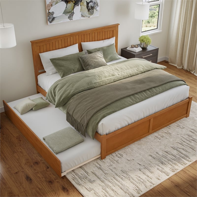 Nantucket King Wood Platform Bed with Footboard and TXL Trundle in Light Toffee