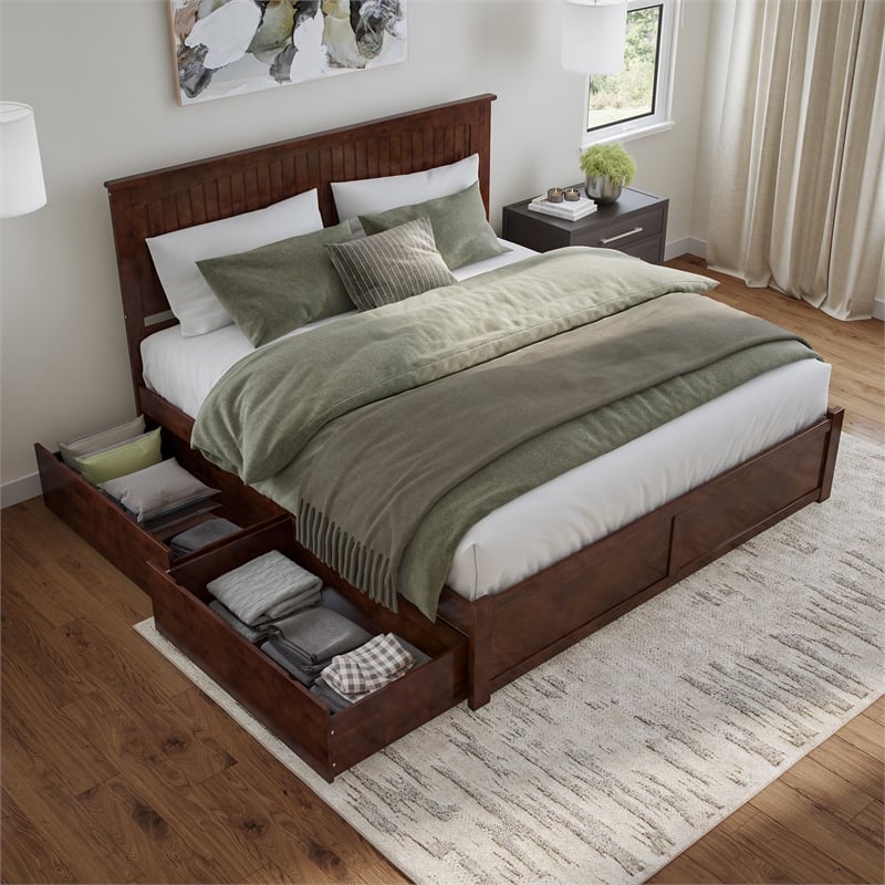 Nantucket King Wood Platform Bed with Footboard and Storage Drawers in Walnut