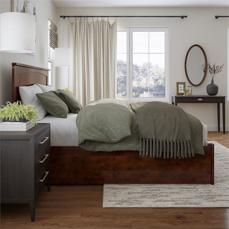 Nantucket King Wood Platform Bed with Footboard and Storage Drawers in Walnut