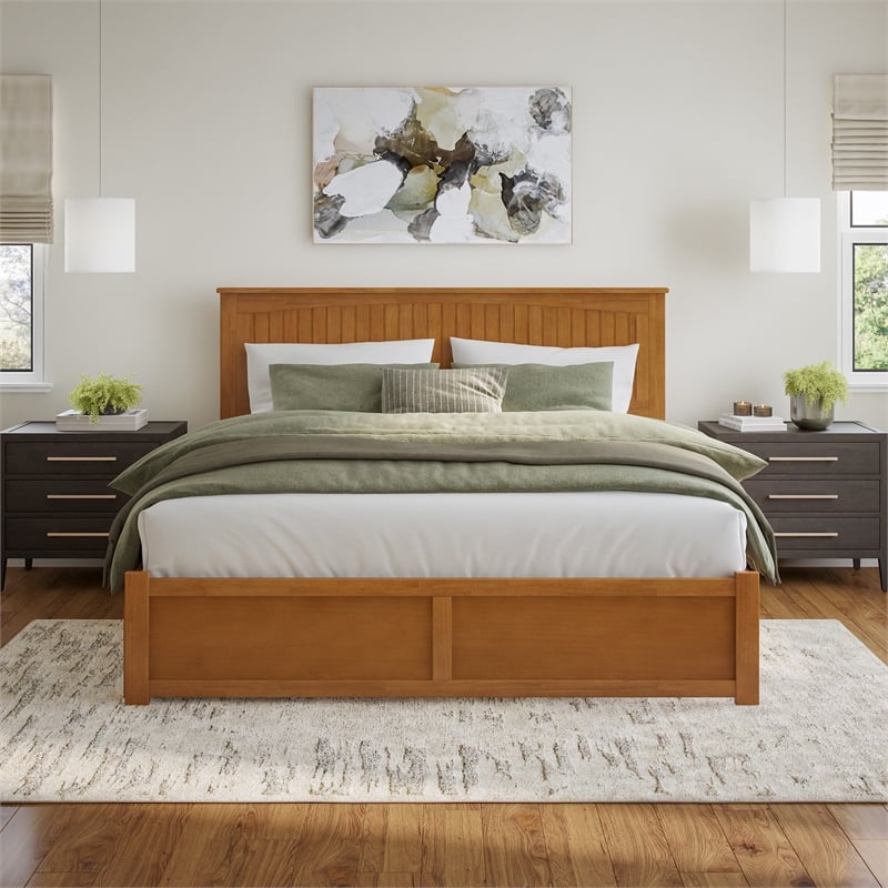Nantucket King Wood Platform Bed with Footboard and Drawers in Light Toffee