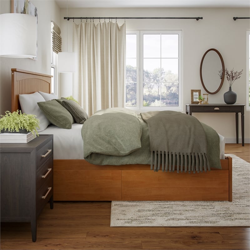 Nantucket King Wood Platform Bed with Footboard and Drawers in Light Toffee