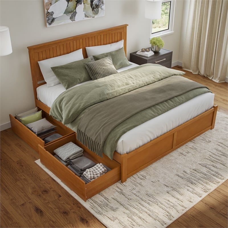 Nantucket King Wood Platform Bed with Footboard and Drawers in Light Toffee