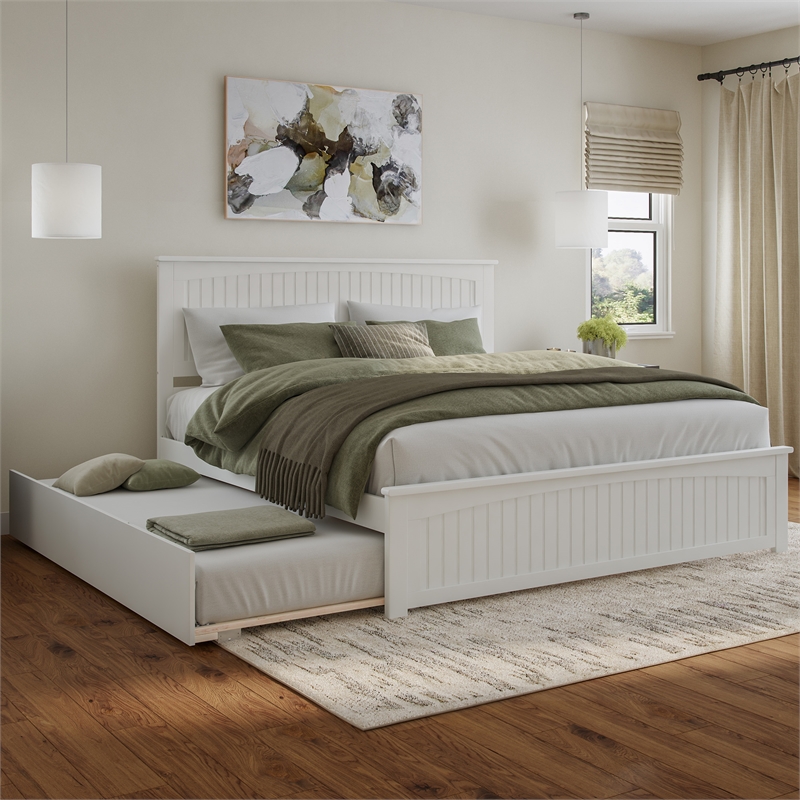 Nantucket King Wood Platform Bed with Matching Footboard & TXL Trundle in White