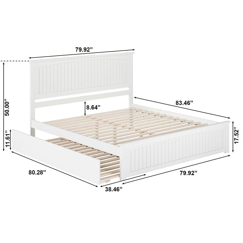 Nantucket King Wood Platform Bed with Matching Footboard & TXL Trundle in White