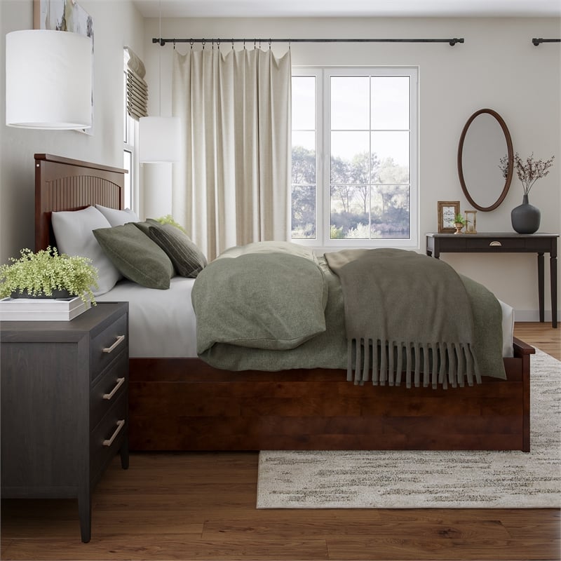 Nantucket King Wood Platform Bed with Matching Footboard & TXL Trundle in Walnut