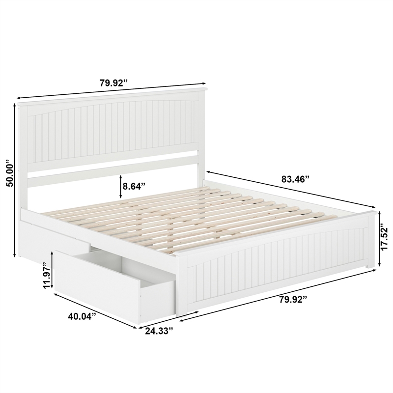 Nantucket King Wood Platform Bed with Matching Footboard and Drawers in White