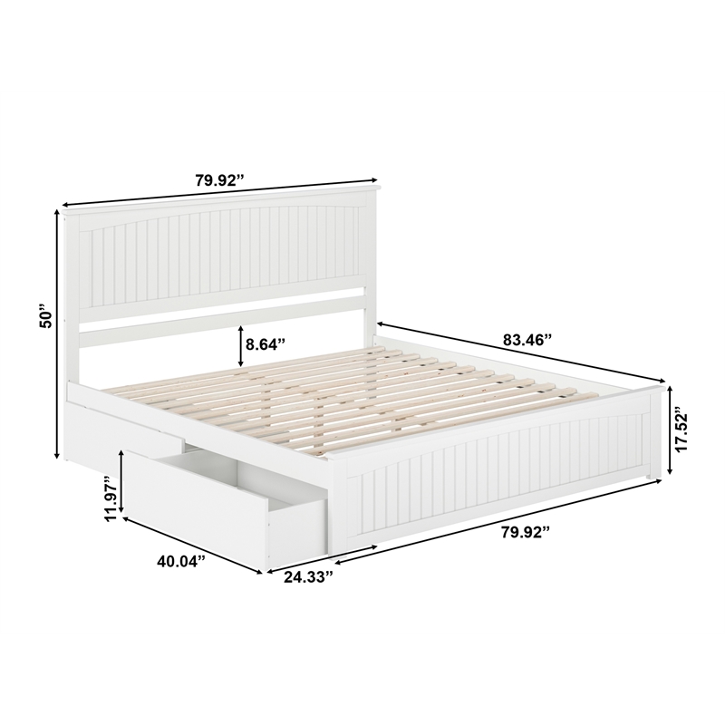 Nantucket King Wood Platform Bed with Matching Footboard and Drawers in White