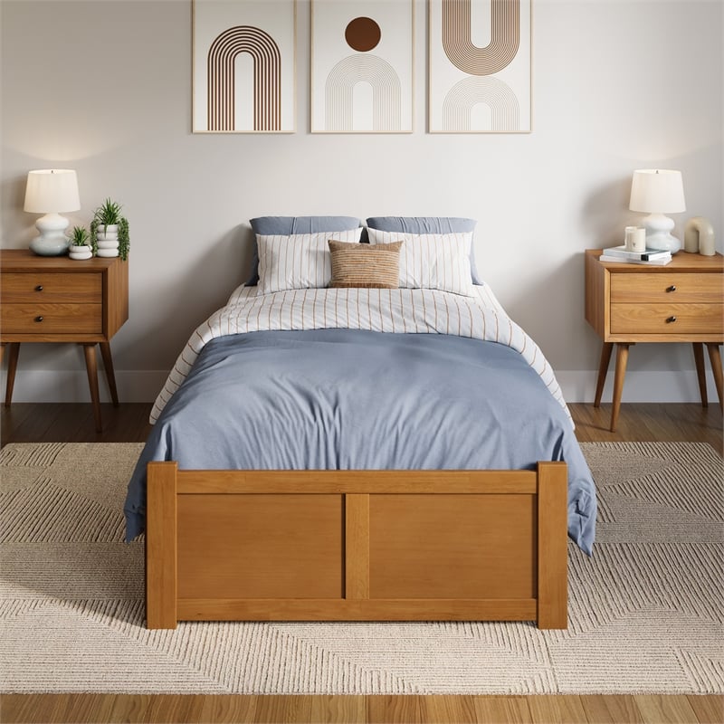 Concord Twin XL Wood Platform Bed with Footboard and Drawers in Light Toffee
