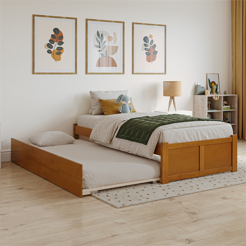 Concord Twin Wood Platform Bed with Footboard and Twin Trundle in Light Toffee