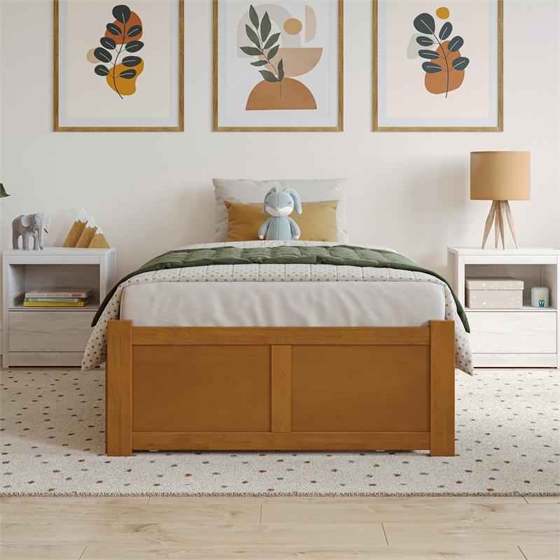 Concord Twin Wood Platform Bed with Footboard and Twin Trundle in Light Toffee