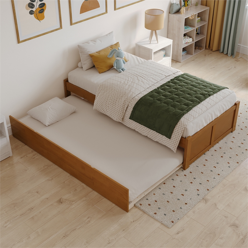Concord Twin Wood Platform Bed with Footboard and Twin Trundle in Light Toffee