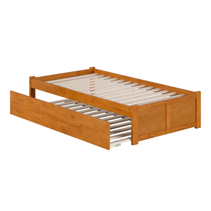 Concord Twin Wood Platform Bed with Footboard and Twin Trundle in Light Toffee
