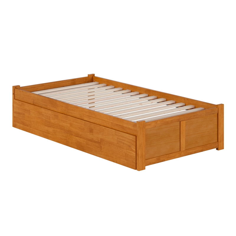 Concord Twin Wood Platform Bed with Footboard and Twin Trundle in Light Toffee