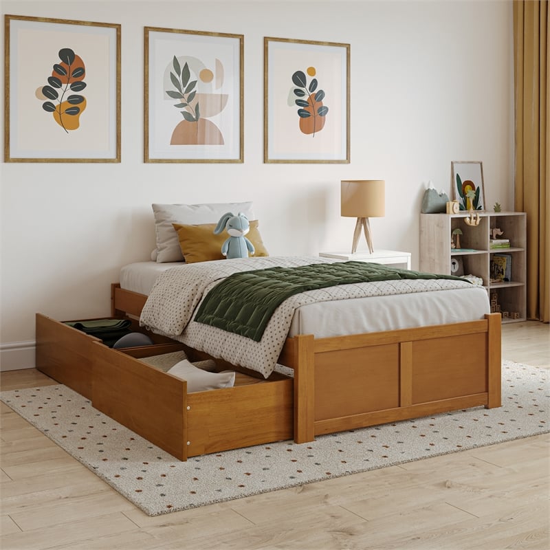 Concord Twin Wood Platform Bed with Footboard and Drawers in Light Toffee