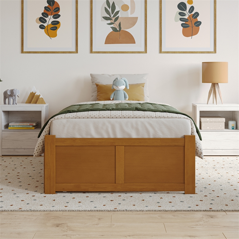 Concord Twin Wood Platform Bed with Footboard and Drawers in Light Toffee